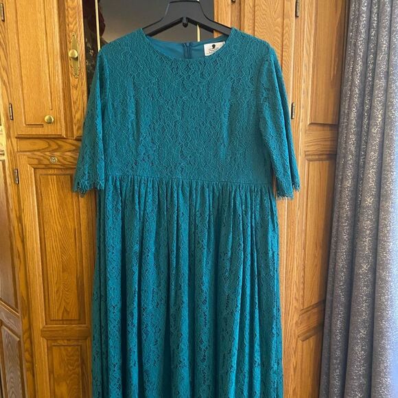 Dainty Jewells Graceful in Lace Jade Modest Dark Green Lace Fit and Flare Dress - Picture 7 of 13